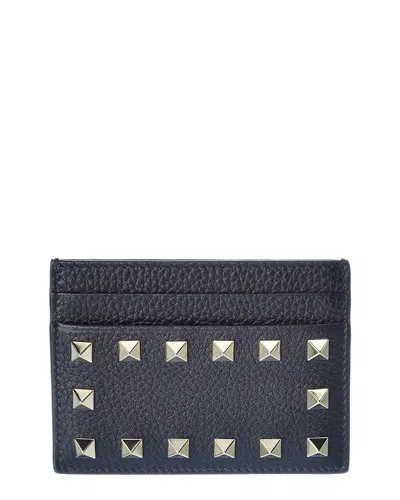 Valentino Garavani Valentino Rockstud Grainy Leather Card Holder In Blue