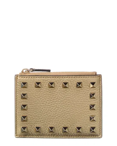 Valentino Garavani Valentino Rockstud Grainy Leather Card Holder In Gold