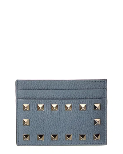 Valentino Garavani Valentino Rockstud Grainy Leather Card Holder In Blue