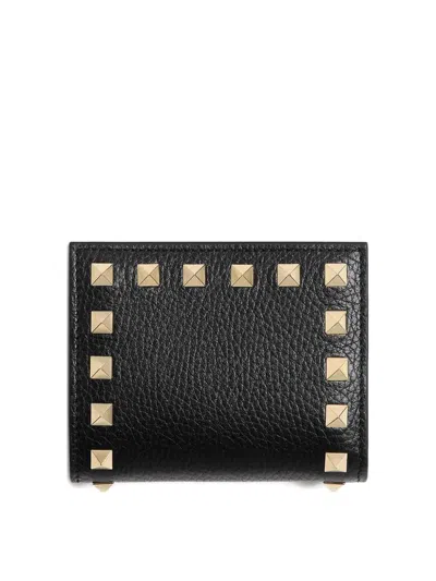 Valentino Garavani Rockstud Grainy Leather Flap Wallet In Black