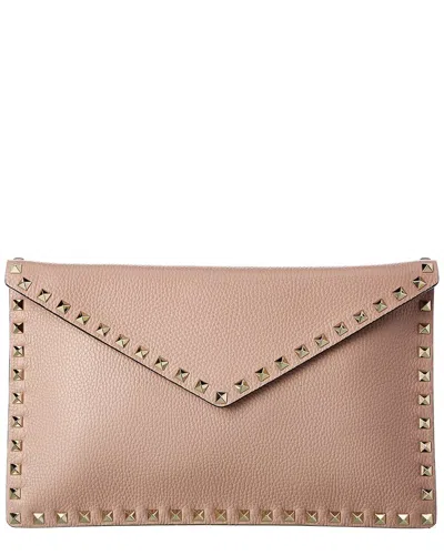 Valentino Garavani Valentino Rockstud Grainy Leather Pouch In Brown