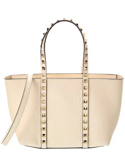Valentino Garavani Sand Leather Small Rockstud Shopping Bag In Neutral