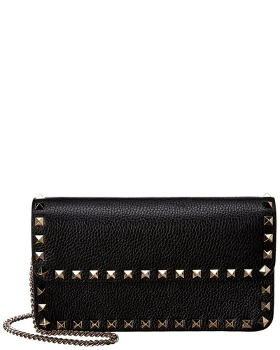 Valentino Garavani Rockstud Grainy Leather Wallet On Chain In Black