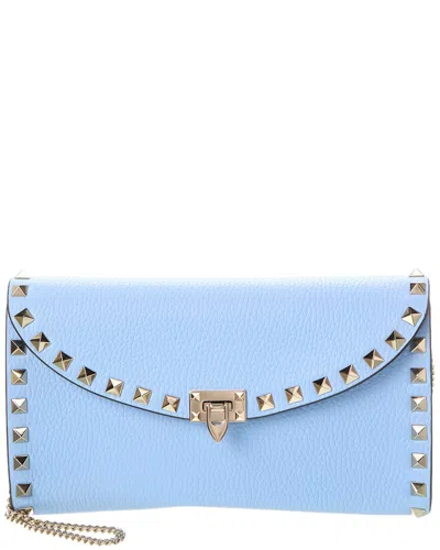 Valentino Garavani Rockstud Grainy Leather Wallet On Chain In Blue