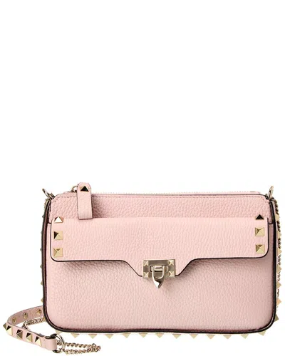 Valentino Garavani Valentino Rockstud Grainy Leather Wallet On Chain In Pink