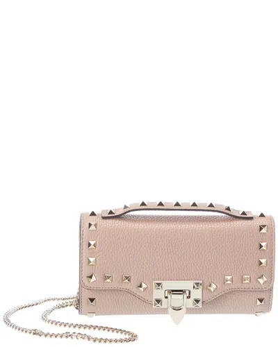 Valentino Garavani Valentino Rockstud Grainy Leather Wallet On Chain In Blue