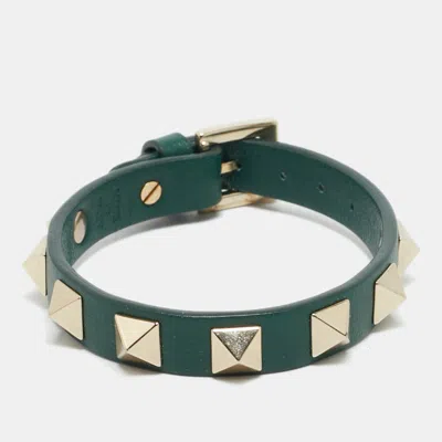 Pre-owned Valentino Garavani Rockstud Green Leather Gold Tone Bracelet