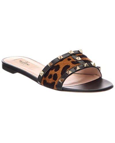 Valentino Garavani Valentino Rockstud Haircalf & Leather Sandal In Brown
