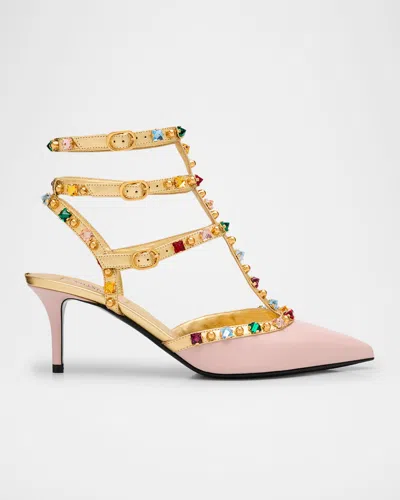 Valentino Garavani Rockstud Jewel-trim Napa Leather Pumps In Btm Water Rose/antique Brass Light/multicolo