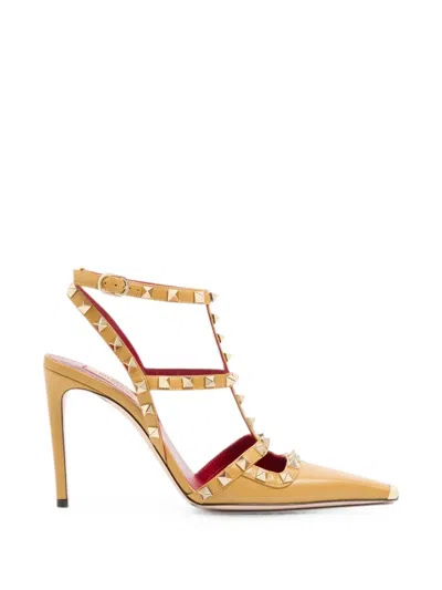 Valentino Garavani Rockstud Kidskin Pumps 100mm Woman Ochre 35 In Gold