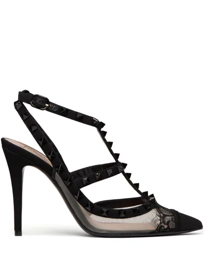 Valentino Garavani Rockstud Lace T-strap Pumps In Black