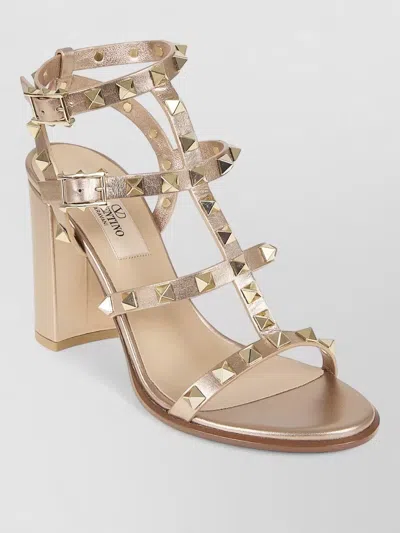 Valentino Garavani Rockstud Laminated Calfskin Block Heel Sandals In Multi