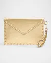 Valentino Rockstud Laminated Grainy Calfskin Clutch Bag In Old Gold