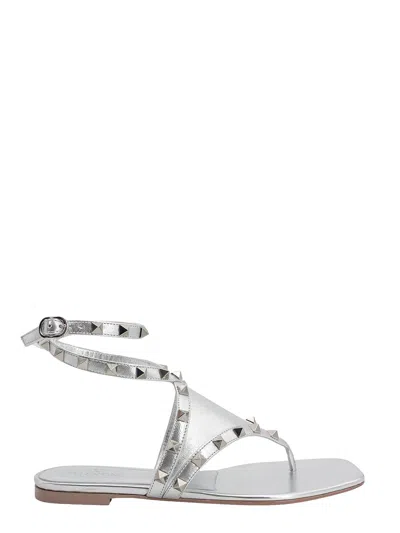 Valentino Garavani Rockstud Laminated Leather Sandals In Silver