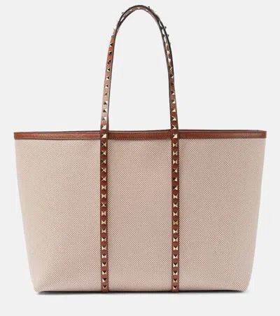 Valentino Garavani Rockstud L Natural Brown Plaid Tote In Multi