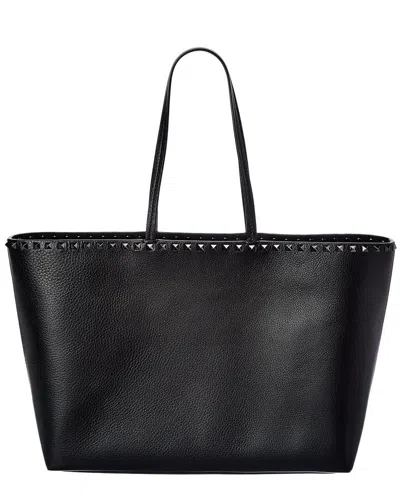 Valentino Garavani Rockstud Large Grainy Leather Shopper Tote In Black