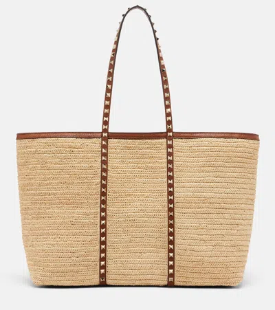 Valentino Garavani Rockstud Large Beach Tote Woven Handles In Brown