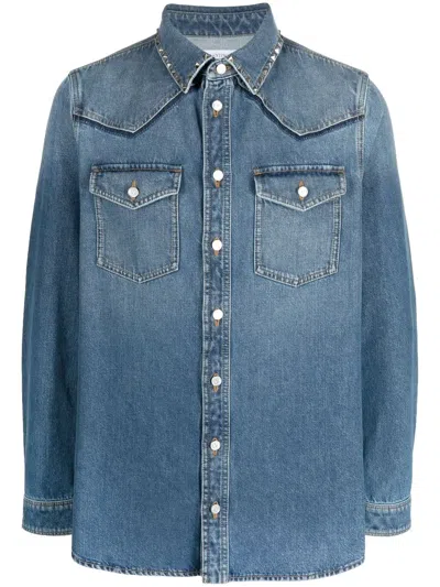Valentino 'black Untitled' Denim Shirt With Studs In Blue