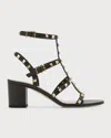 Valentino Rockstud Caged 60 Leather Ankle Strap Sandal In Nero
