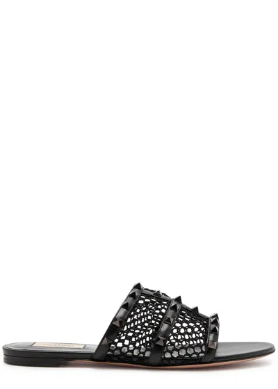 Valentino Garavani Rockstud Fishnet Flat Slides In Black