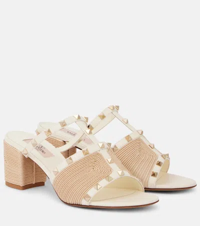 VALENTINO GARAVANI ROCKSTUD LEATHER AND RAFFIA MULES
