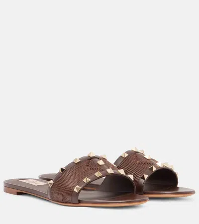 Valentino Garavani Valentino Rockstud Leather-trim Sandal In Brown
