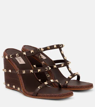 Valentino Garavani Rockstud Wedge Slide In Calfskin With Cornely Embroidery 100mm Woman Fondant 40.5 In Brown