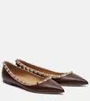 Valentino Studded Leather Ballerinas Pointed Toe In Brown