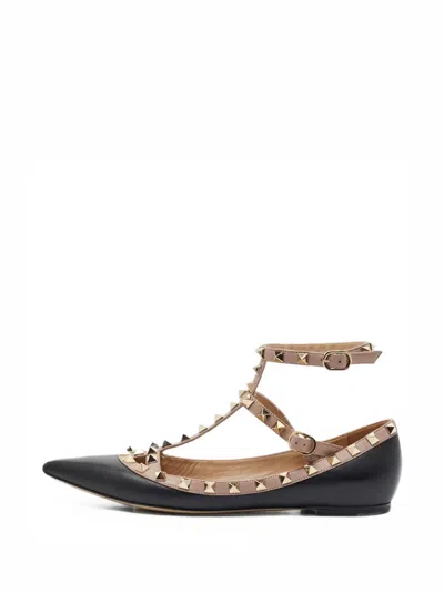 Pre-owned Valentino Garavani Rockstud Leather Ballet Flats In Black
