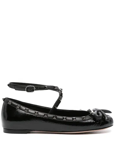 Valentino Garavani Rockstud Patent-leather Ballerina Pumps In Black