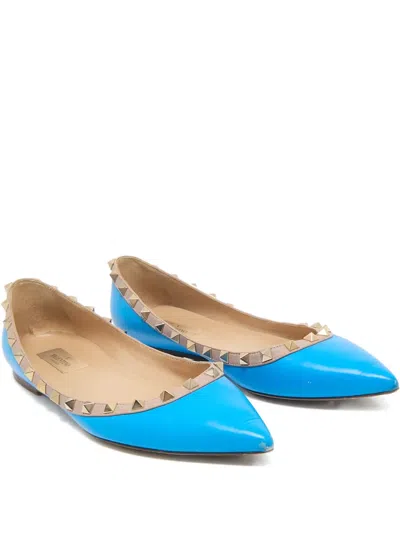 Pre-owned Valentino Garavani Rockstud Leather Ballet Flats In Blue