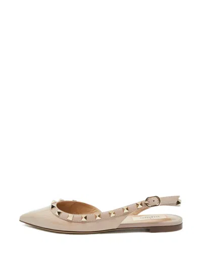 Pre-owned Valentino Garavani Rockstud Leather Ballet Flats In Neutrals