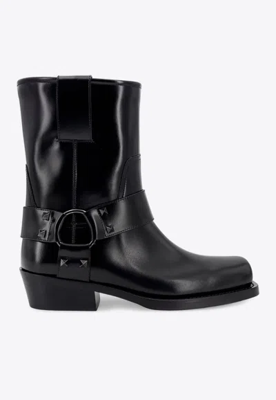 Valentino Garavani Black Leather Biker Rockstud Ankle Boots