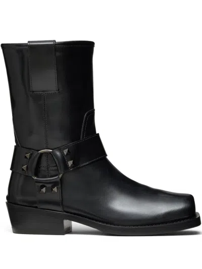 Valentino Garavani Rockstud Leather Biker Boots In Black