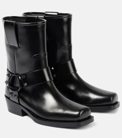 Valentino Garavani Women Biker Leather Boots With Iconic Studs In Black