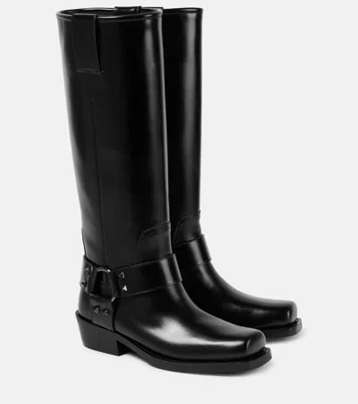 Valentino Garavani Rockstud Biker Knee-high Leather Boots In Black