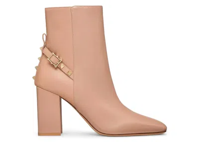 Pre-owned Valentino Garavani Rockstud Leather Block Heel Booties (women's) Sneakers In Rose