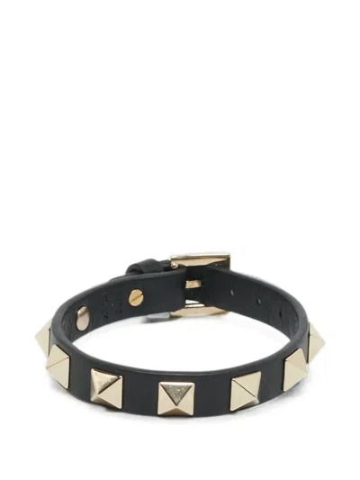 Pre-owned Valentino Garavani Rockstud Leather Bracelet In Black