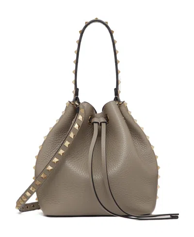 Valentino Garavani Rockstud Leather Bucket Bag In Gray