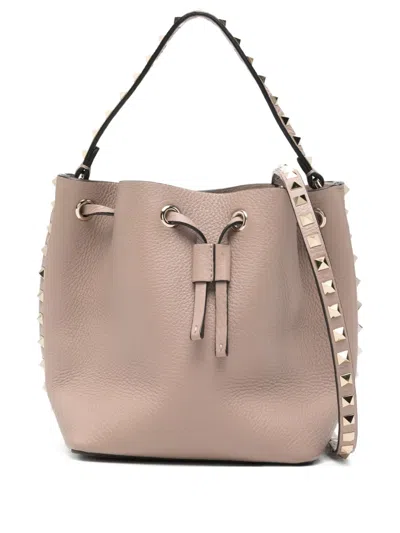 Pre-owned Valentino Garavani Rockstud Leather Bucket Bag In Neutral