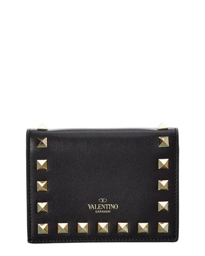 Valentino Garavani Valentino Rockstud Leather Card Holder In Black