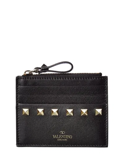 Valentino Garavani Rockstud Leather Card Holder In Black