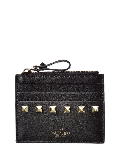 Valentino Garavani Valentino Rockstud Leather Card Holder In Black