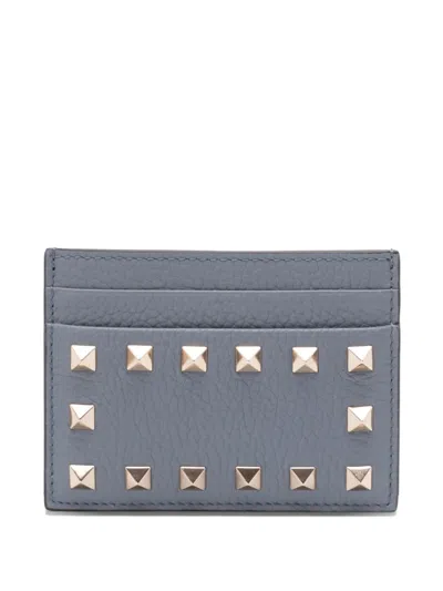 Valentino Garavani Rockstud Leather Card Holder In Gray