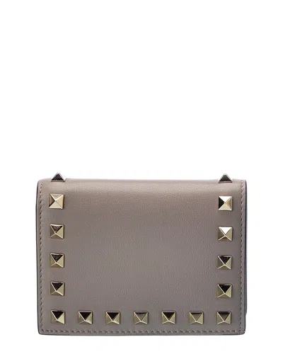 Valentino Garavani Valentino Rockstud Leather Card Holder In Grey