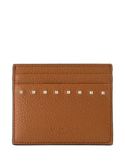 Valentino Garavani Rockstud Leather Cardholder In Brown