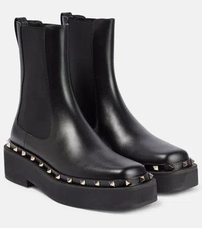 Valentino Garavani Rockstud Leather Chelsea Boots In Black