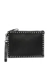 Valentino Rectangular Leather Rockstud Clutch With Wrist Strap In Black