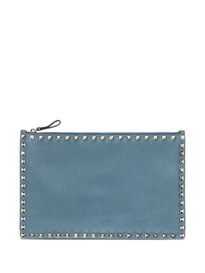Pre-owned Valentino Garavani Rockstud Leather Clutch Bag In Blue