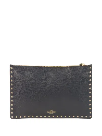 Pre-owned Valentino Garavani Rockstud Leather Clutch Bag In Blue